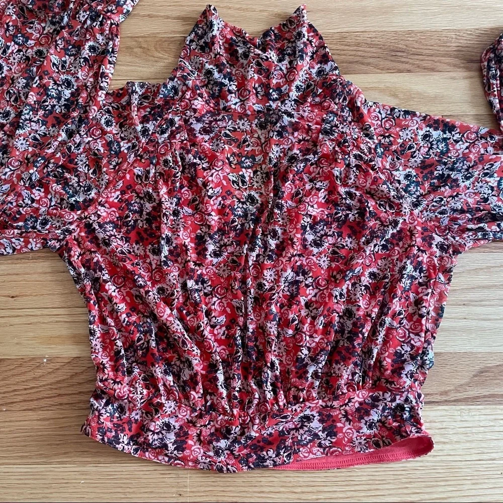Free People All Dolled Up Mesh Orange Florals Long Sleeve Top Size S